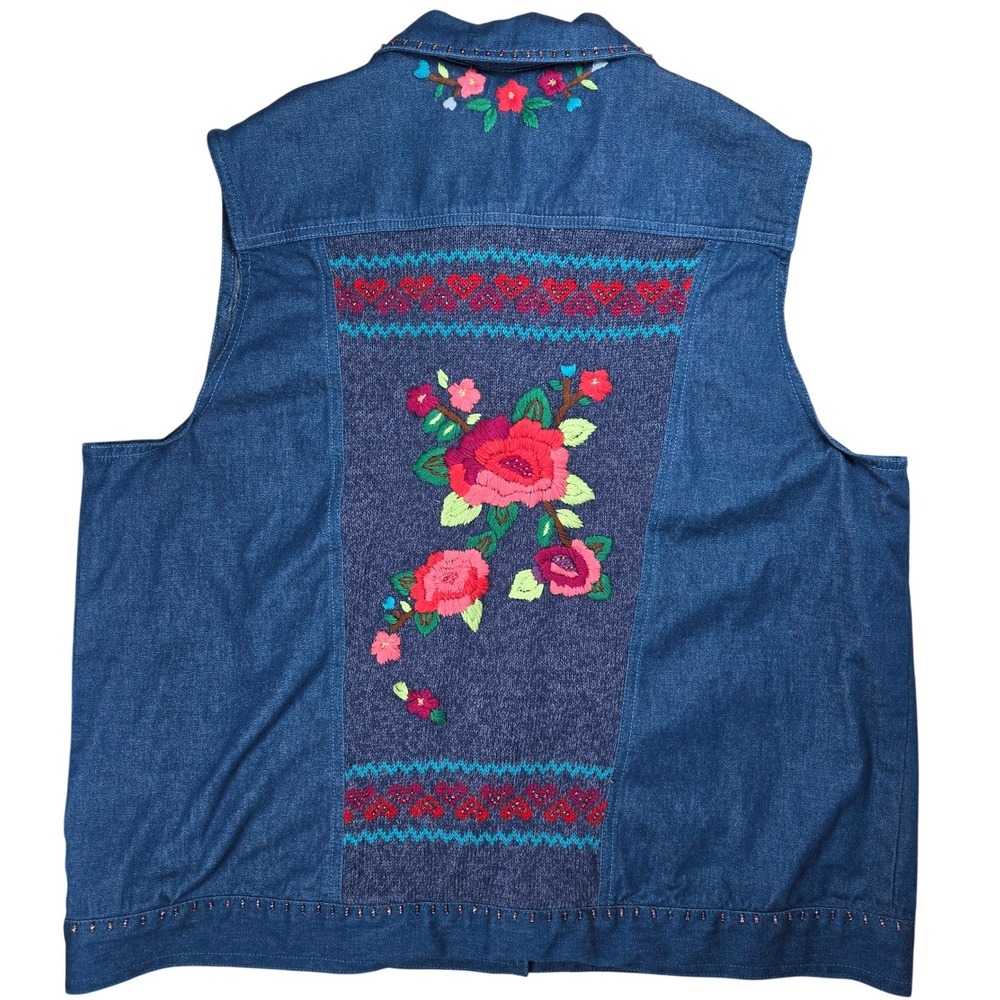 Alfred Dunner Womens Blue Denim Vest Floral Embroidered Beaded Size 14 Indigo